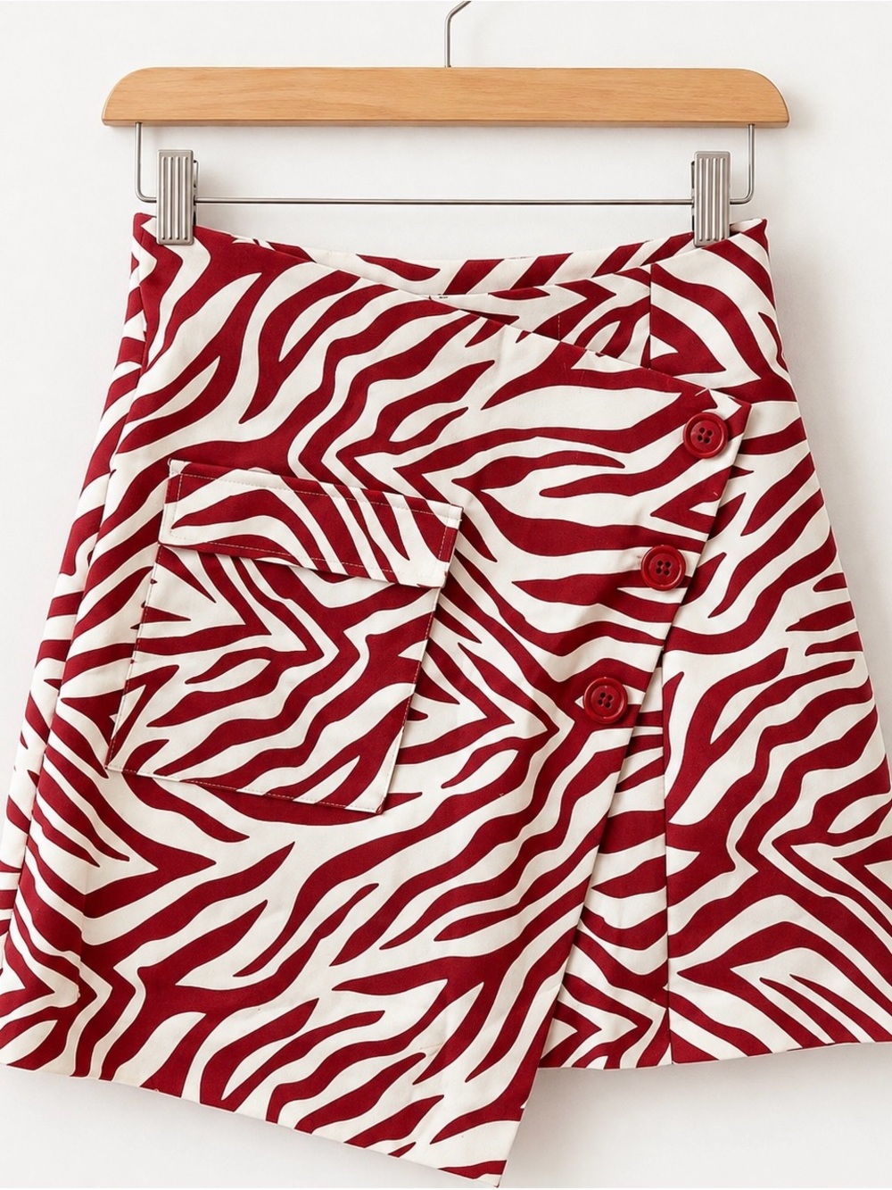 Red Zebra Print Wrap-Style Mini Skirt with Button Detail